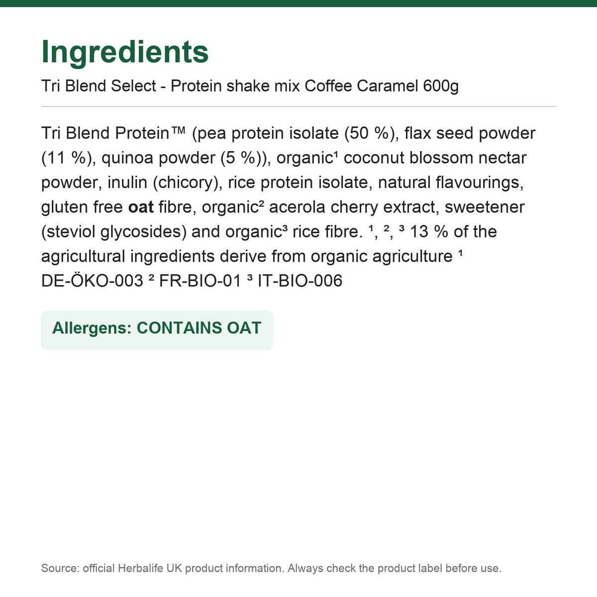 Ingredients - Tri Blend Select - Protein shake mix Coffee Caramel 600g