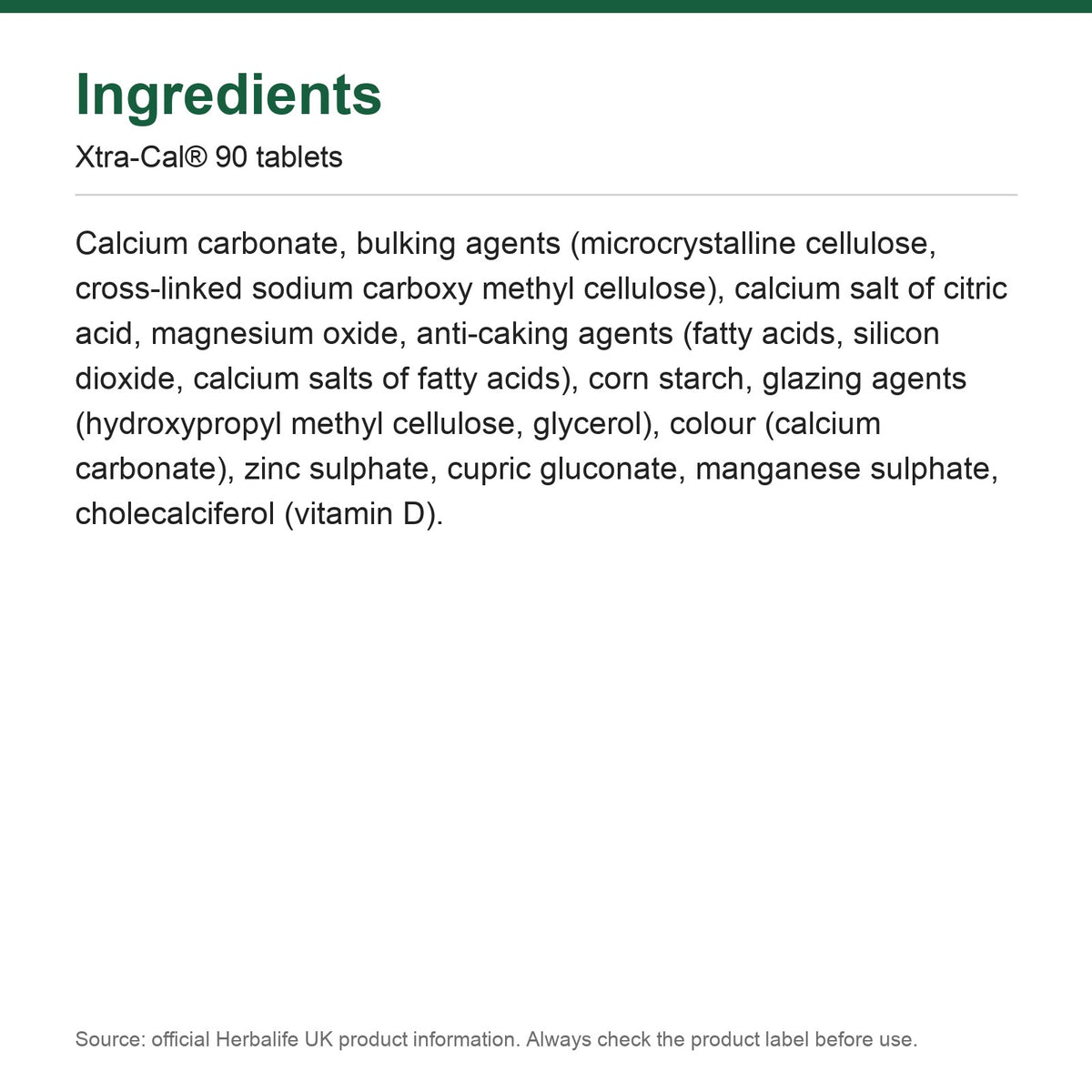 Ingredients - Xtra-Cal® 90 tablets